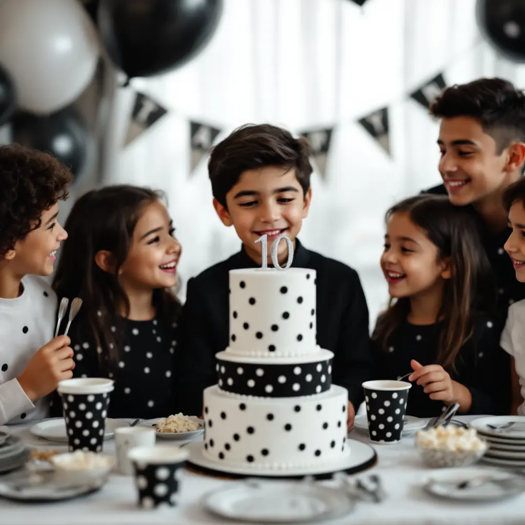 جشن تولد نوجوانان با کیک و وسایل پذیرایی شیک با طرح تم تولد سیاه سفید خال خالی از فروشگاه تمزی.