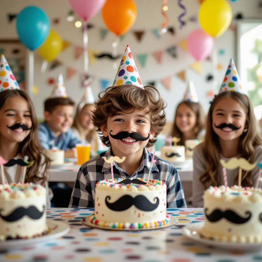پسر بچه خوشحال با کلاه و کیک تولد با طرح تم تولد سبیل که از فروشگاه تم تولد تمزی تهیه شده است.